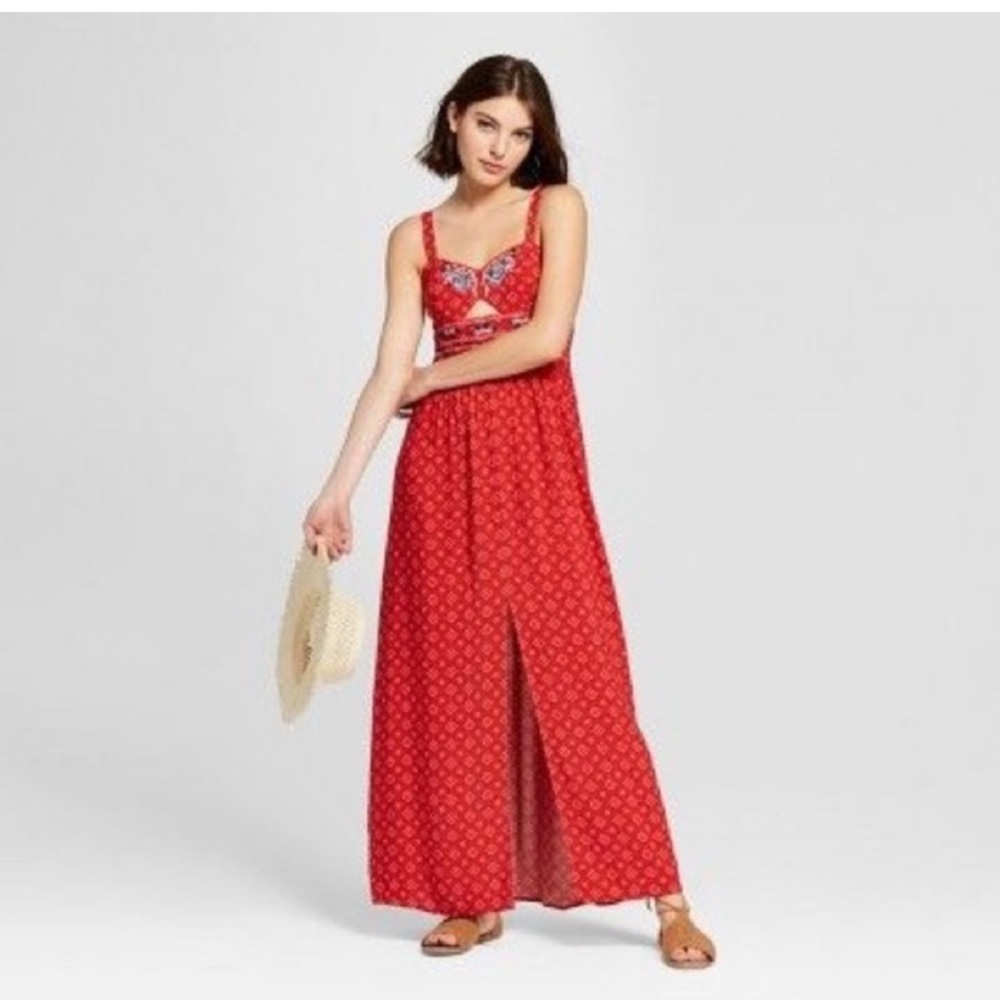 Vintage Xhilaration red bandana print boho maxi dress with cut out floral  S